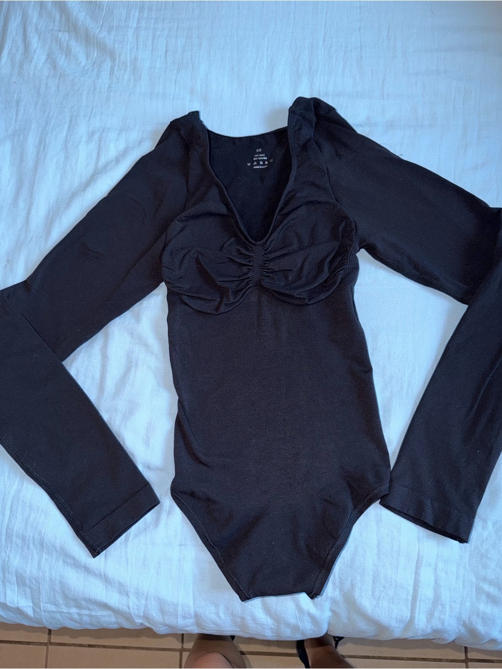 Ruched Black Long-Sleeve Bodysuit with Scoop Neck